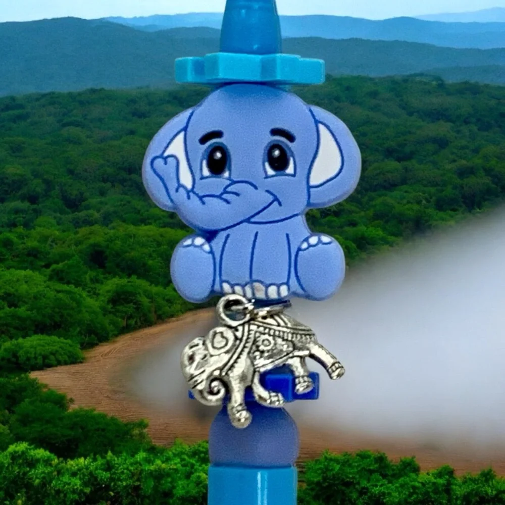 Elephant Baby Blue With Silver Beaded Ink Pen Handcrafted